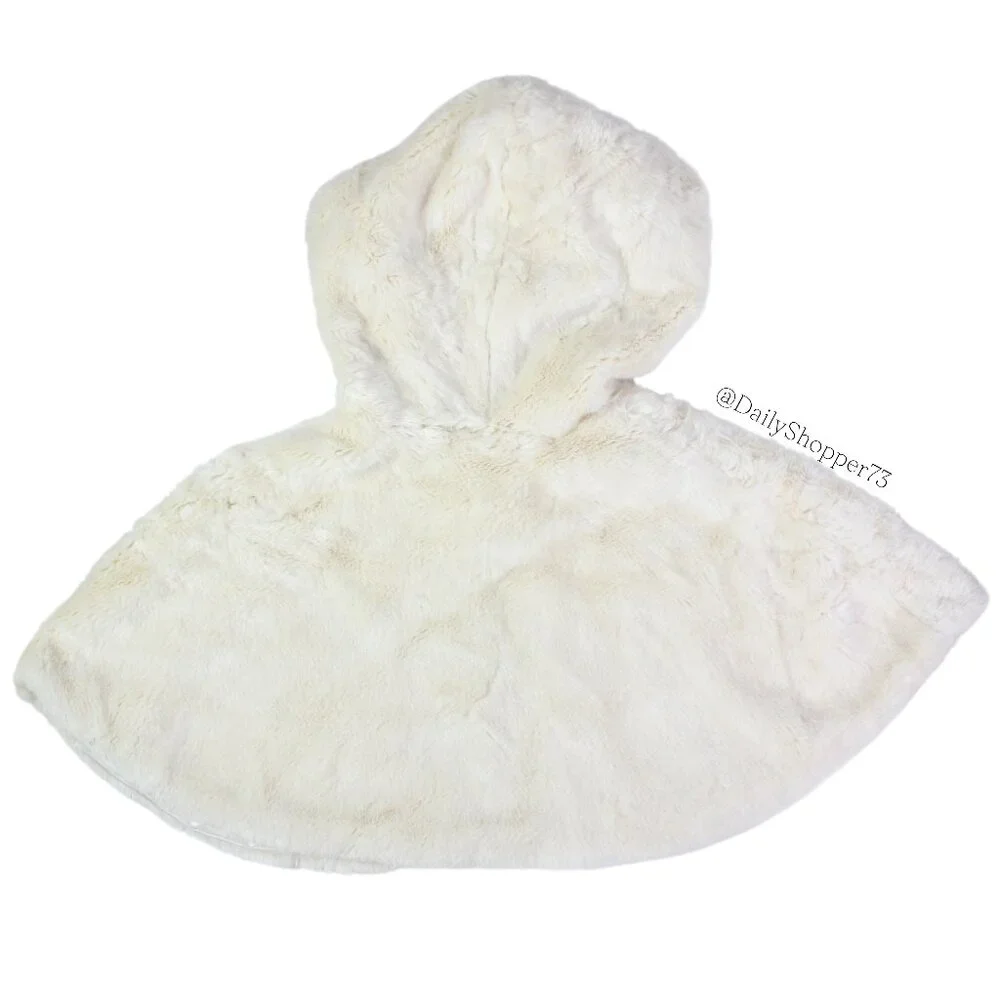 Monsoon Girls' Ivory Faux Fur Hooded Cape w/ Semi-Matte Satin Bow
